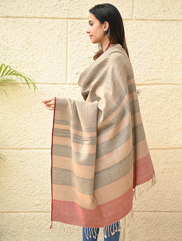 Exclusive Soft Himachal Wool Shawl with Woven Border - Biscuit Taupe