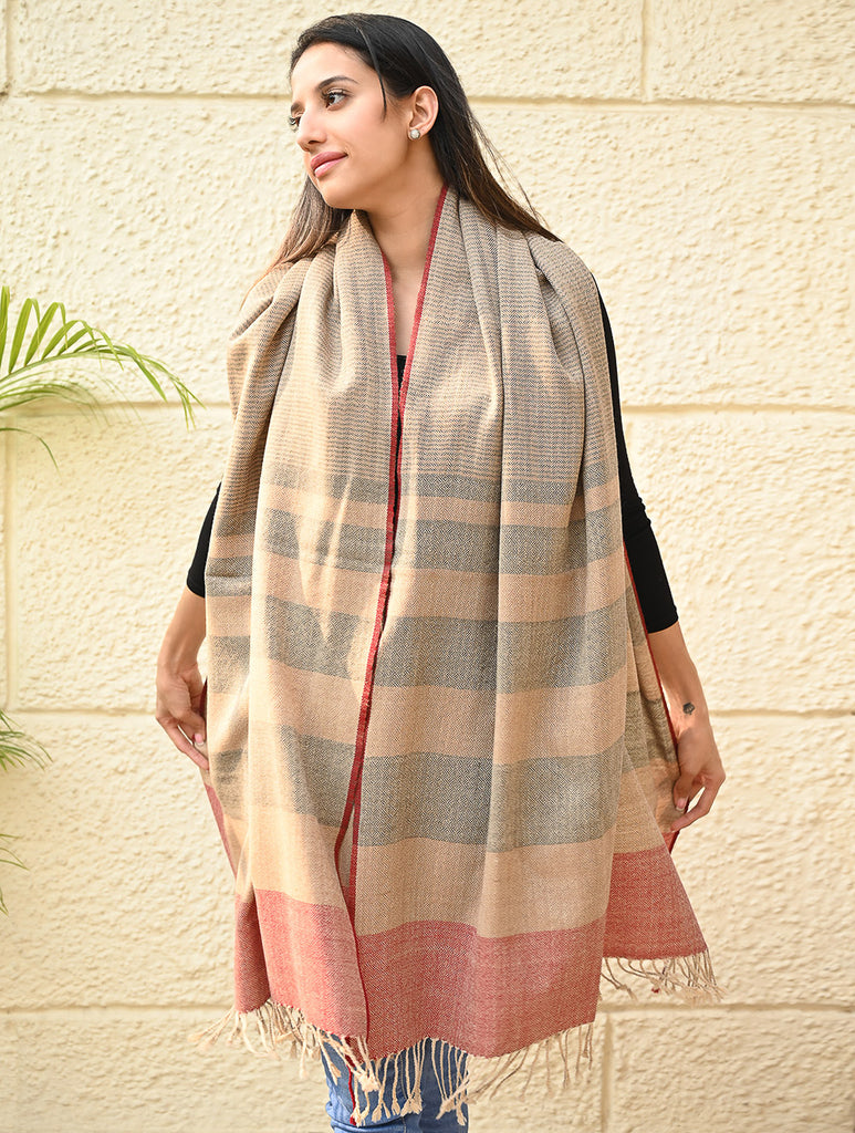 Exclusive Soft Himachal Wool Shawl with Woven Border - Biscuit Taupe