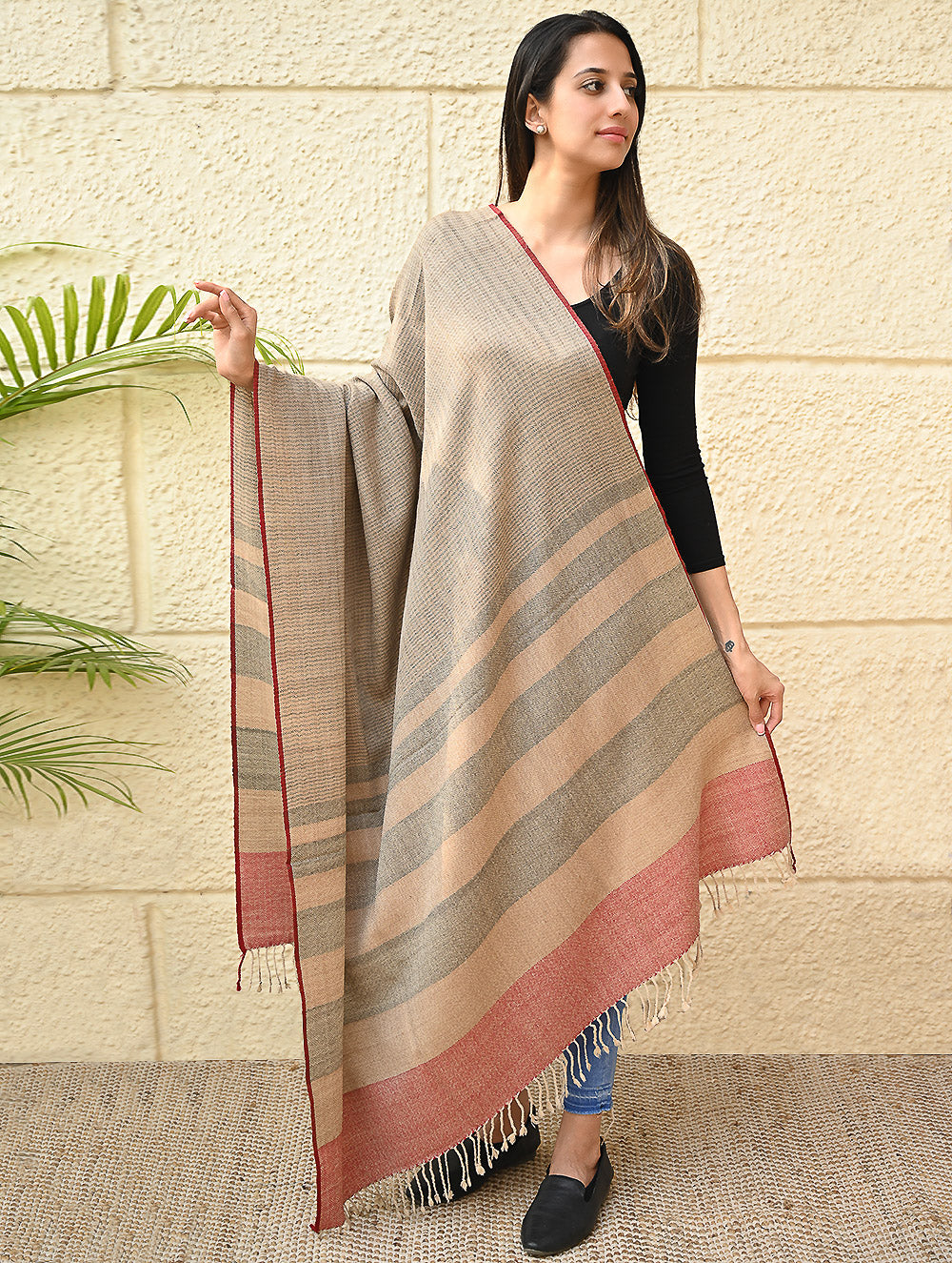 Load image into Gallery viewer, Exclusive Soft Himachal Wool Shawl with Woven Border - Biscuit Taupe