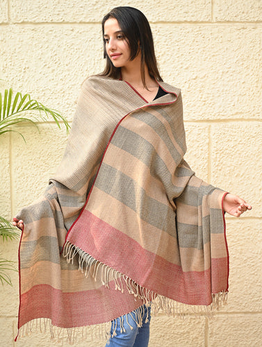 Exclusive Soft Himachal Wool Shawl with Woven Border - Biscuit Taupe