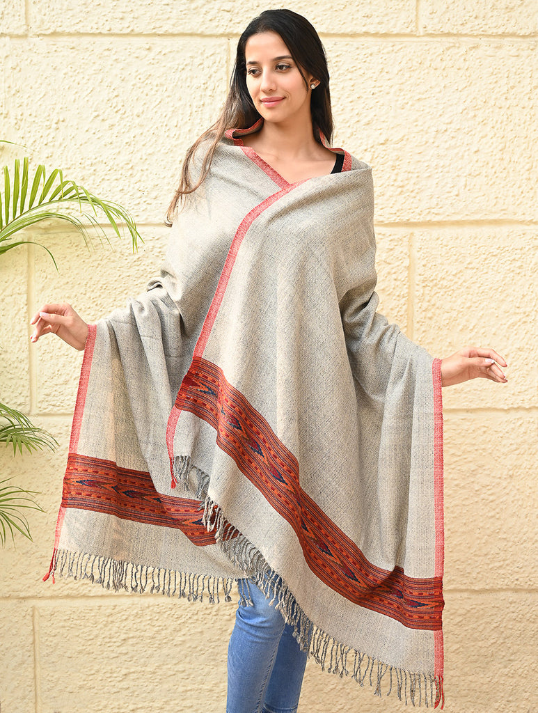 Exclusive Soft Himachal Wool Shawl with Woven Border - Coral Sand