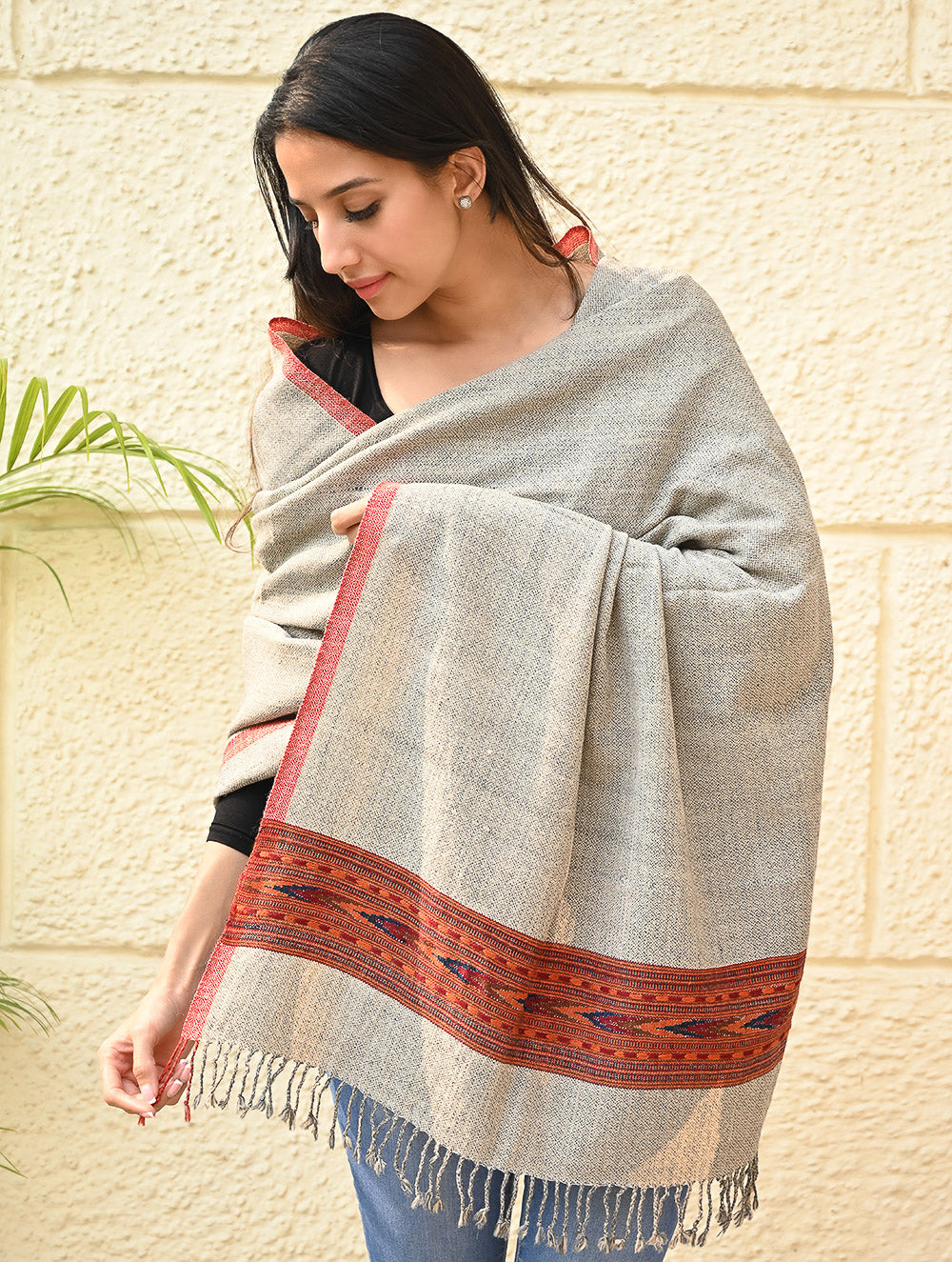 Load image into Gallery viewer, Exclusive Soft Himachal Wool Shawl with Woven Border - Coral Sand