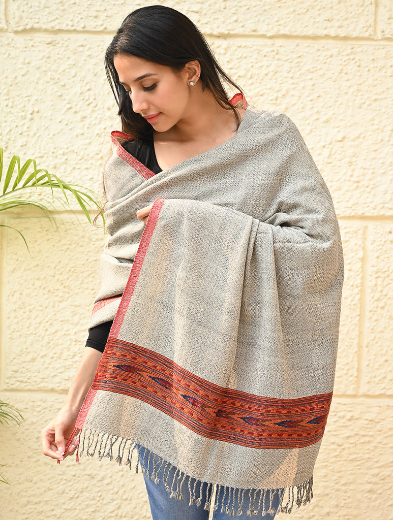 Exclusive Soft Himachal Wool Shawl with Woven Border - Coral Sand