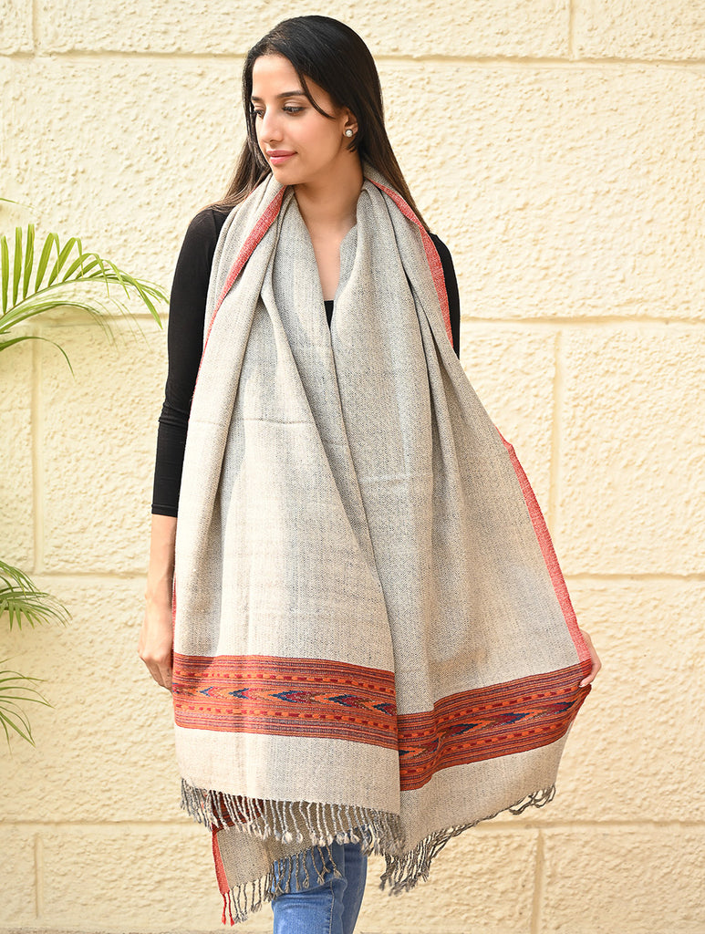 Exclusive Soft Himachal Wool Shawl with Woven Border - Coral Sand