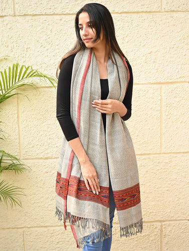 Exclusive Soft Himachal Wool Shawl with Woven Border - Coral Sand