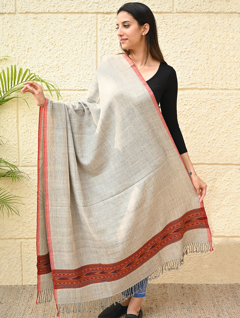Load image into Gallery viewer, Exclusive Soft Himachal Wool Shawl with Woven Border - Coral Sand