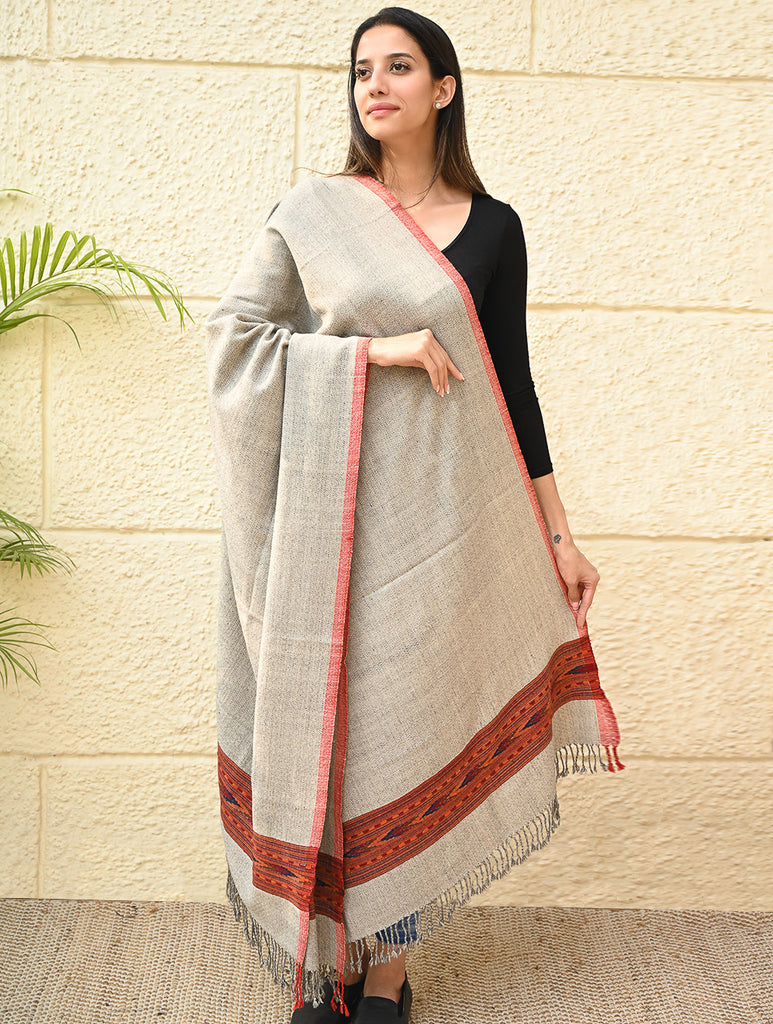 Exclusive Soft Himachal Wool Shawl with Woven Border - Coral Sand
