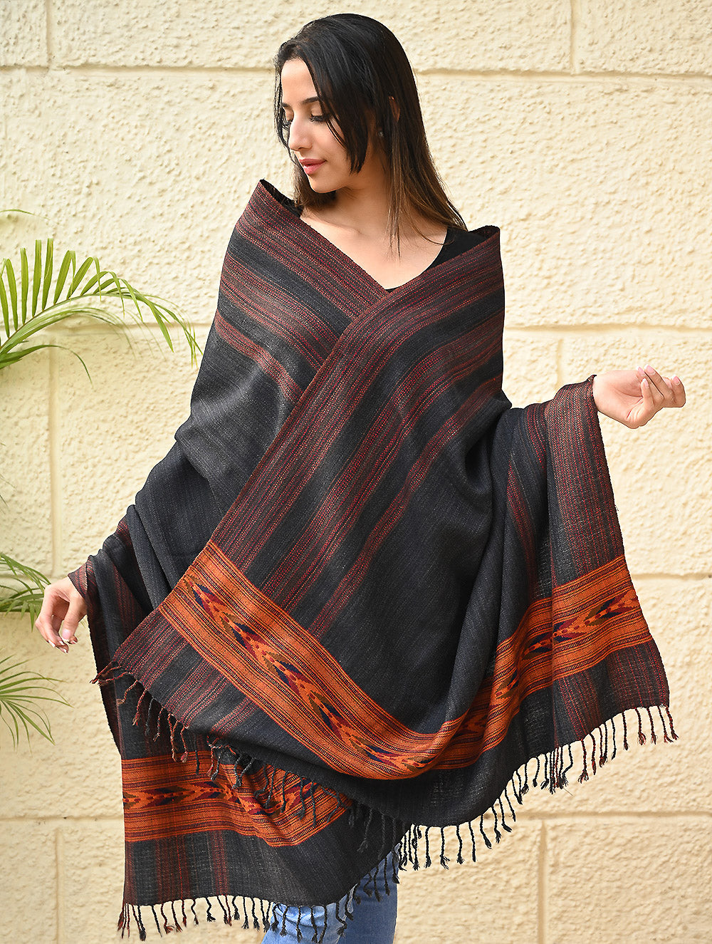 Load image into Gallery viewer, Exclusive Soft Himachal Wool Shawl with Woven Border - Darkwood