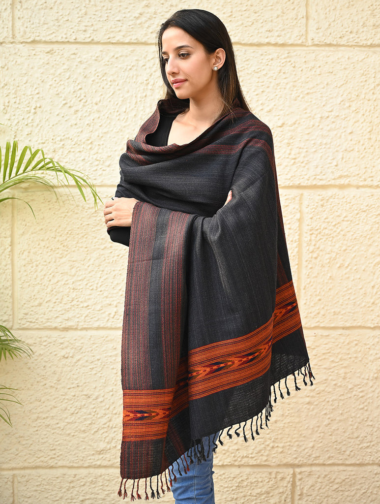 Exclusive Soft Himachal Wool Shawl with Woven Border - Darkwood