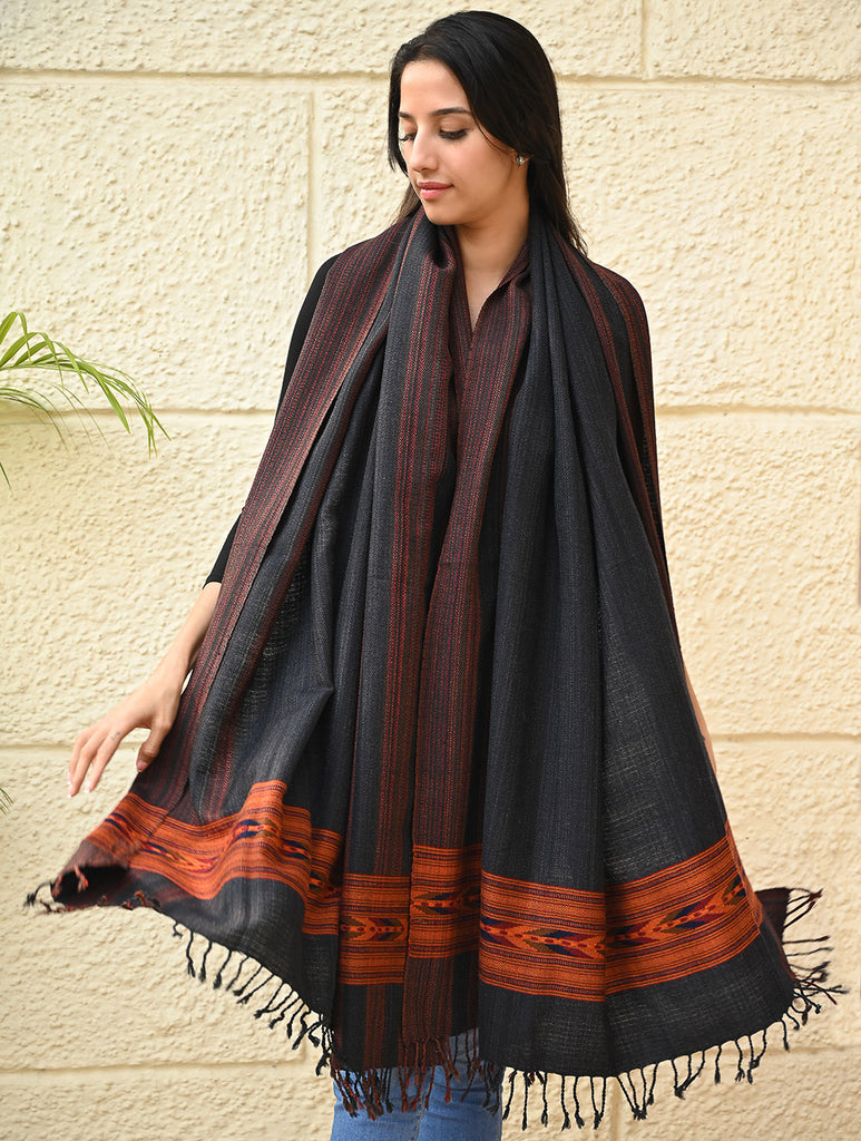 Exclusive Soft Himachal Wool Shawl with Woven Border - Darkwood