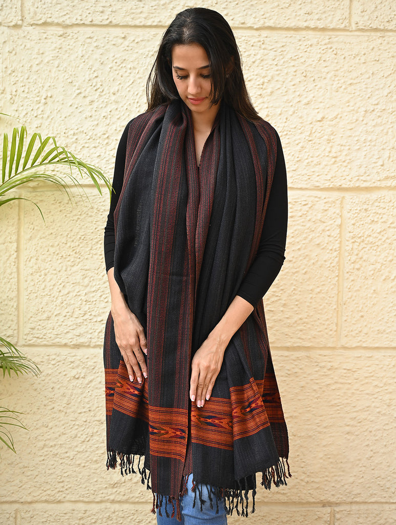 Exclusive Soft Himachal Wool Shawl with Woven Border - Darkwood
