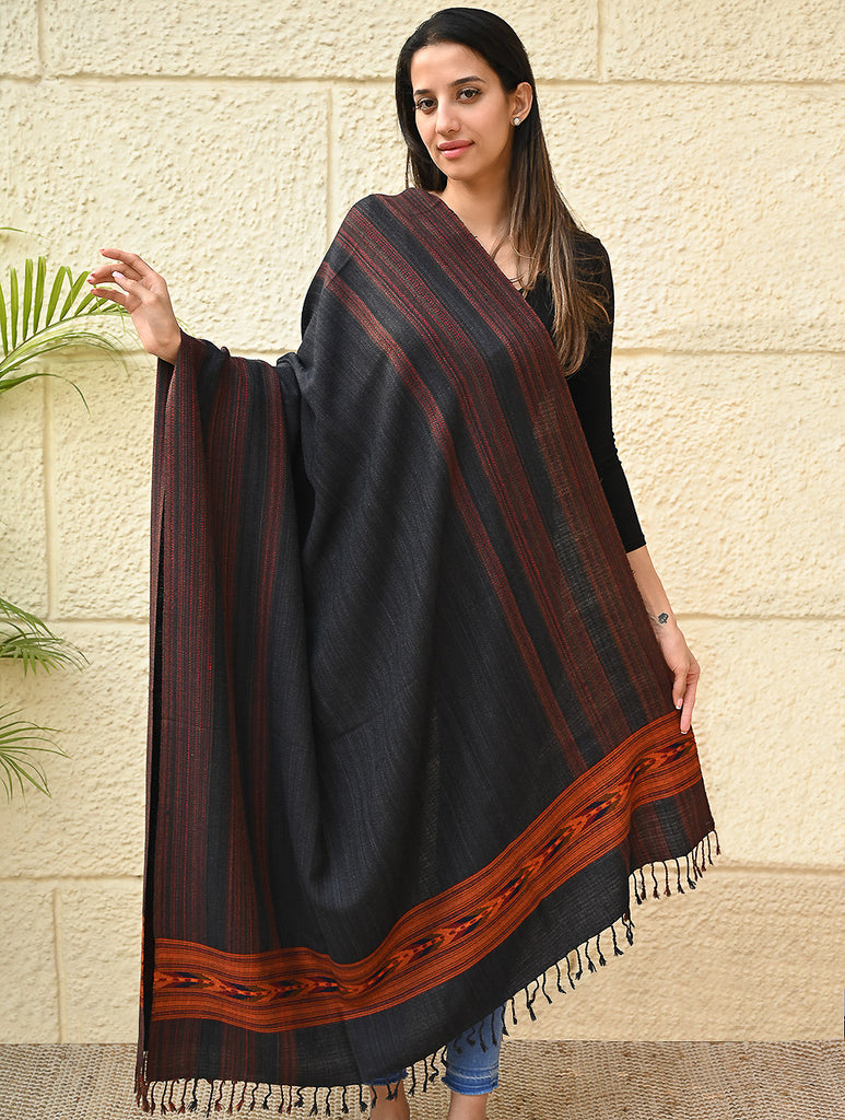Exclusive Soft Himachal Wool Shawl with Woven Border - Darkwood