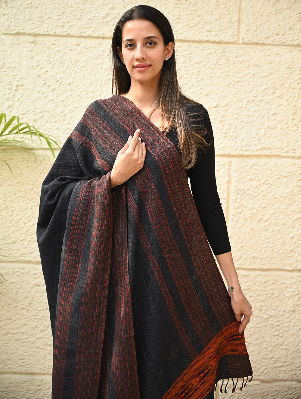 Load image into Gallery viewer, Exclusive Soft Himachal Wool Shawl with Woven Border - Darkwood