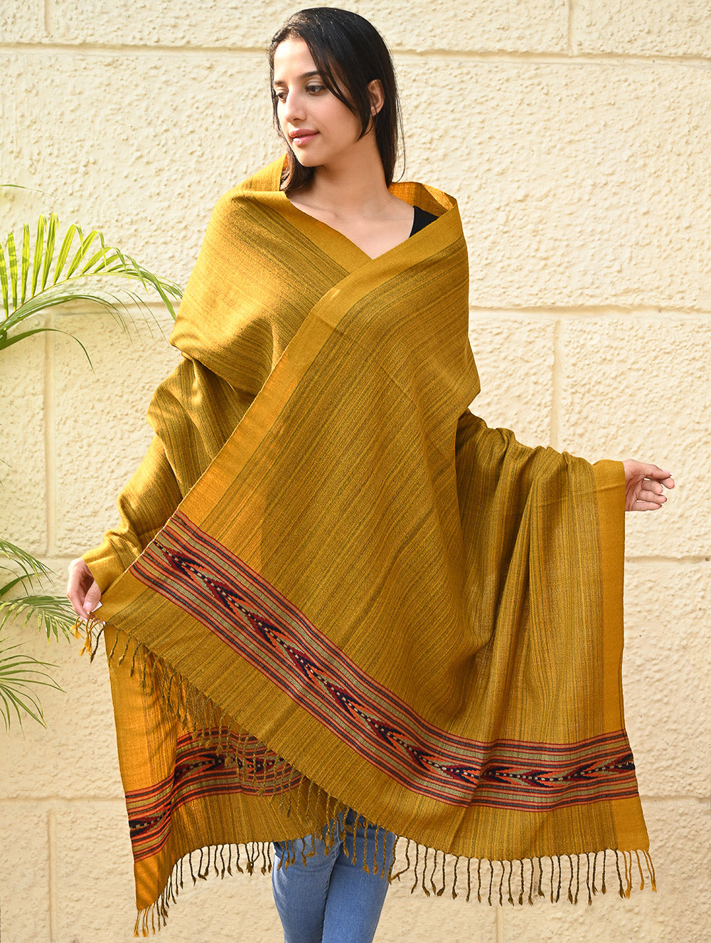 Load image into Gallery viewer, Exclusive Soft Himachal Wool Shawl with Woven Border - Deep Ochre
