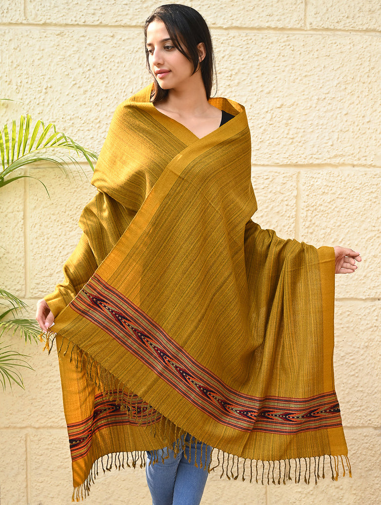Exclusive Soft Himachal Wool Shawl with Woven Border - Deep Ochre
