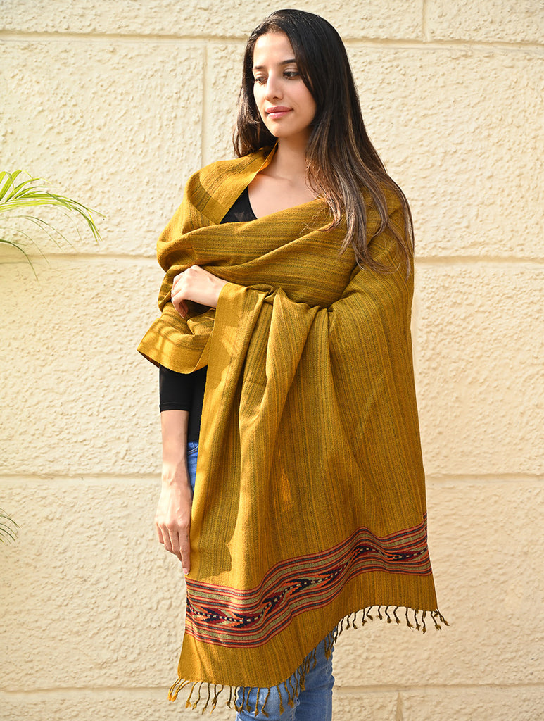 Exclusive Soft Himachal Wool Shawl with Woven Border - Deep Ochre