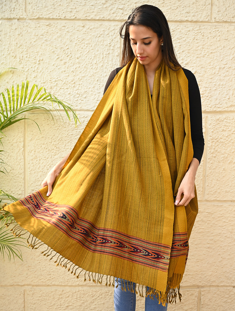 Load image into Gallery viewer, Exclusive Soft Himachal Wool Shawl with Woven Border - Deep Ochre