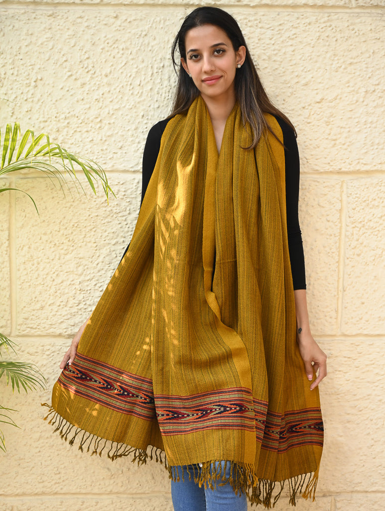 Exclusive Soft Himachal Wool Shawl with Woven Border - Deep Ochre