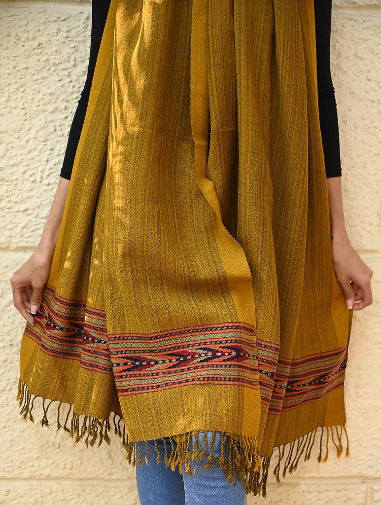 Exclusive Soft Himachal Wool Shawl with Woven Border - Deep Ochre