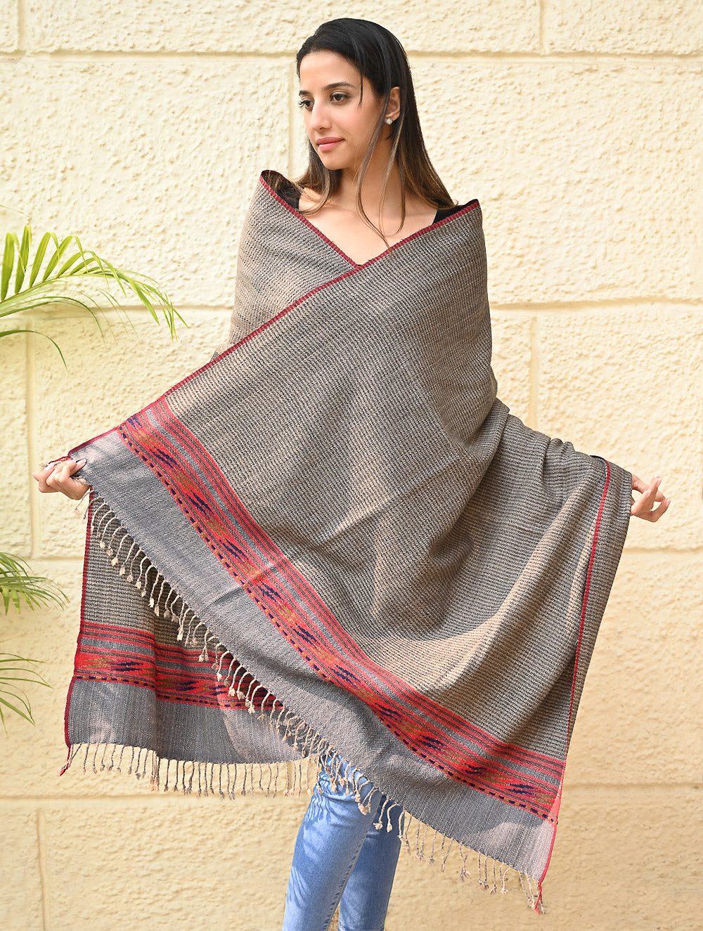 Load image into Gallery viewer, Exclusive Soft Himachal Wool Shawl with Woven Border - Driftwood