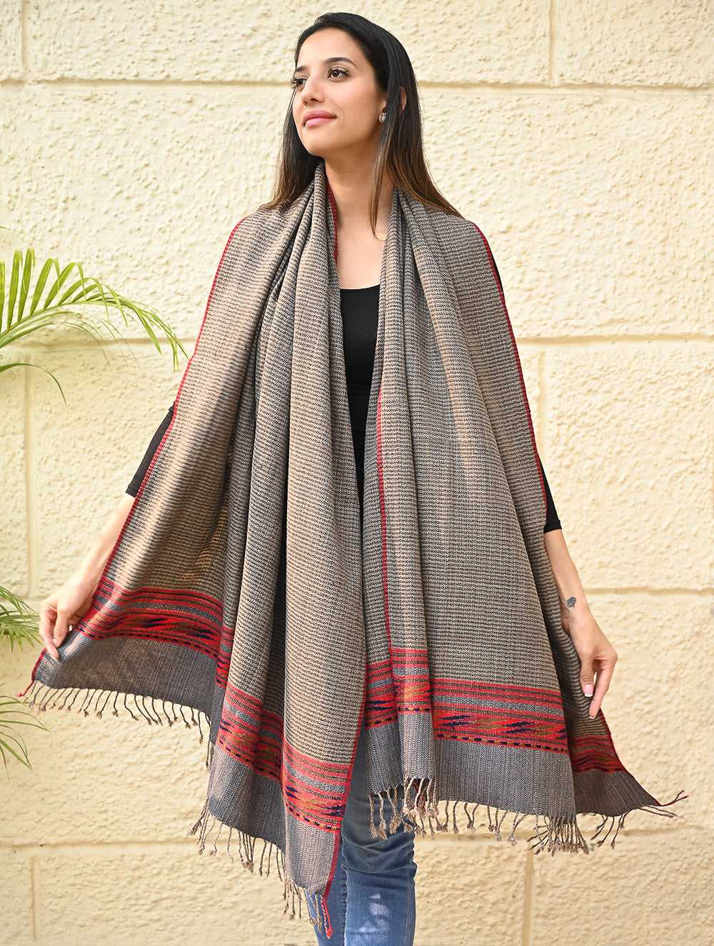 Load image into Gallery viewer, Exclusive Soft Himachal Wool Shawl with Woven Border - Driftwood