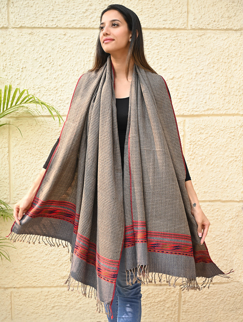 Exclusive Soft Himachal Wool Shawl with Woven Border - Driftwood