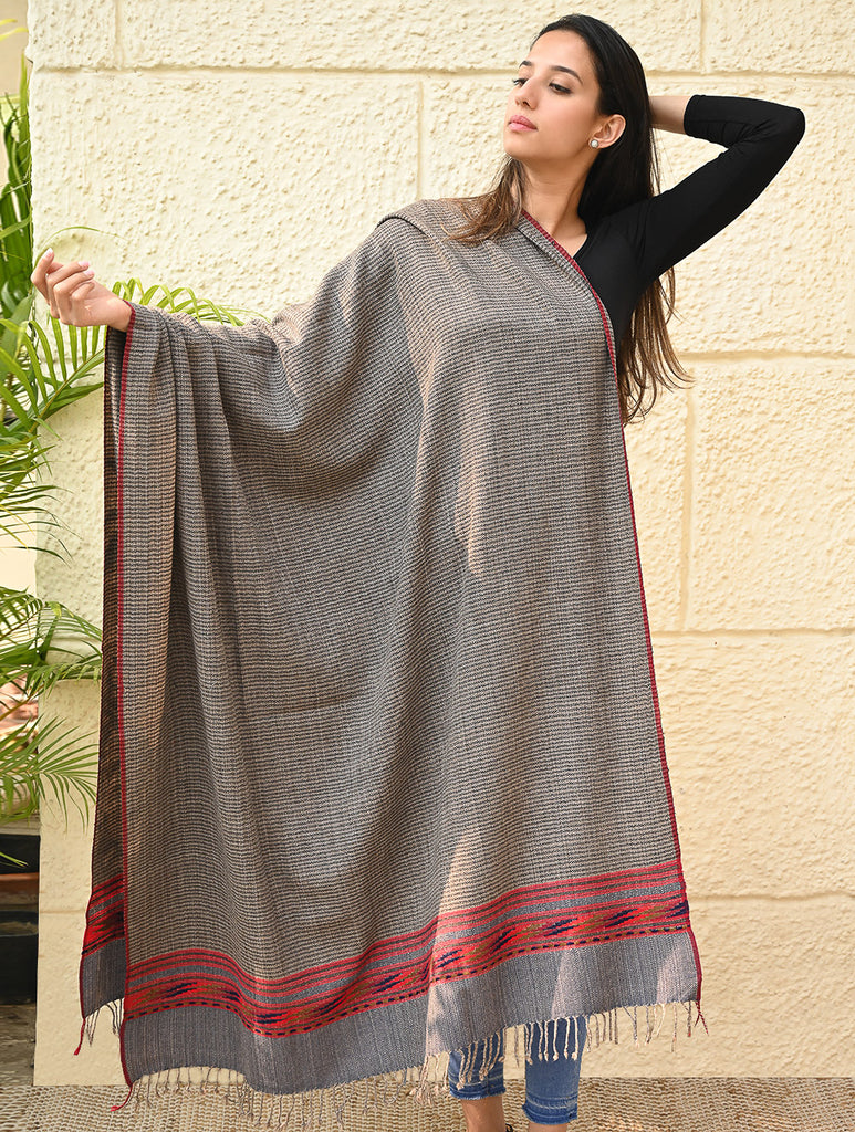 Exclusive Soft Himachal Wool Shawl with Woven Border - Driftwood