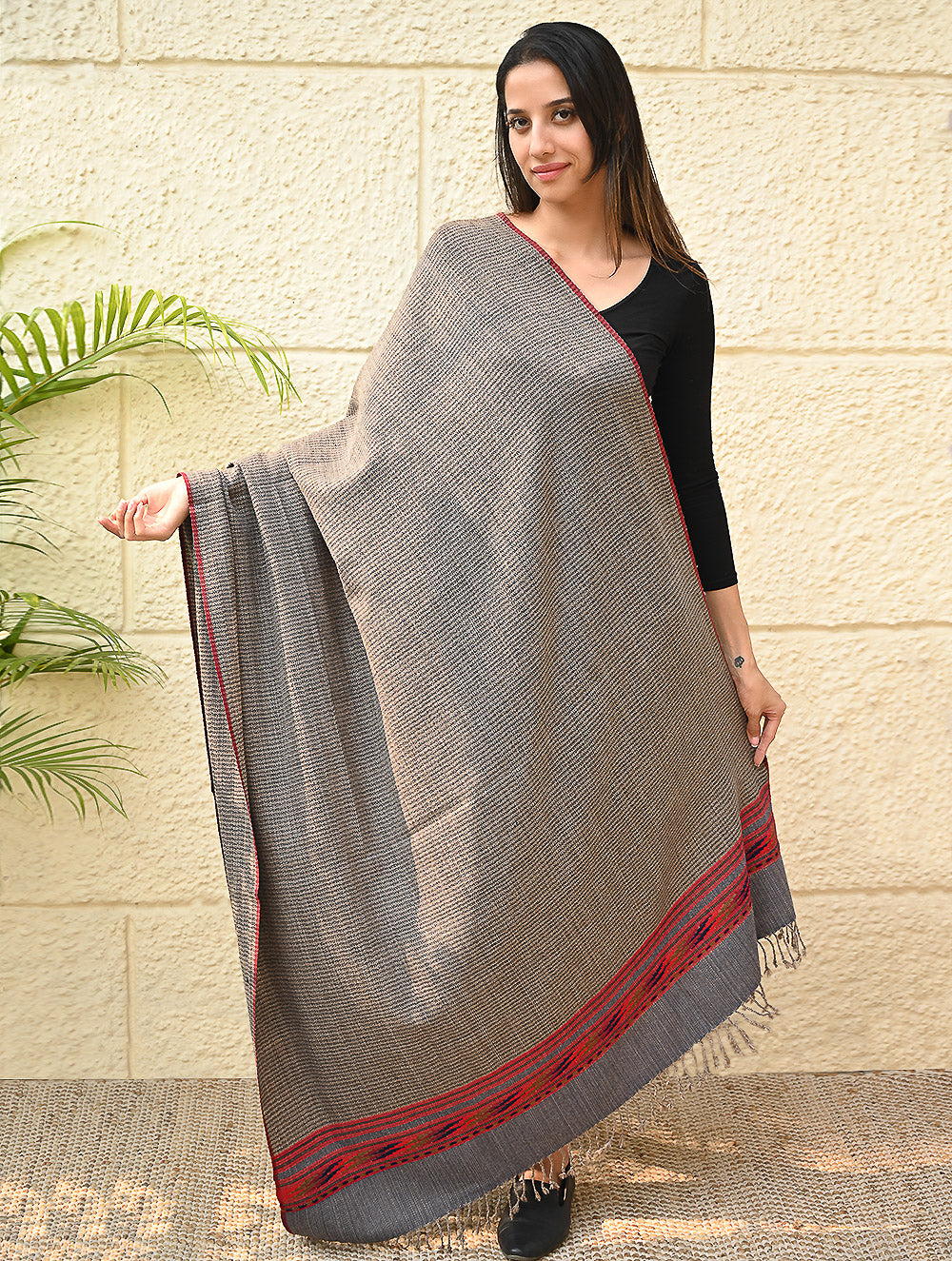 Load image into Gallery viewer, Exclusive Soft Himachal Wool Shawl with Woven Border - Driftwood