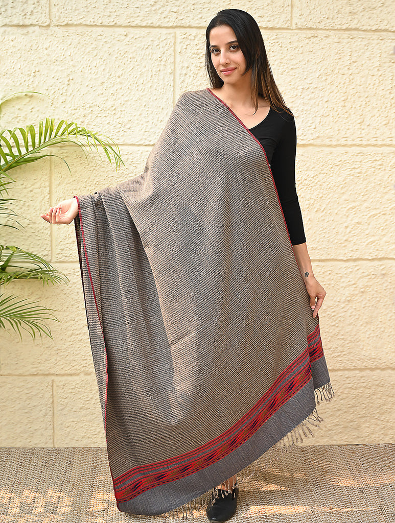 Exclusive Soft Himachal Wool Shawl with Woven Border - Driftwood