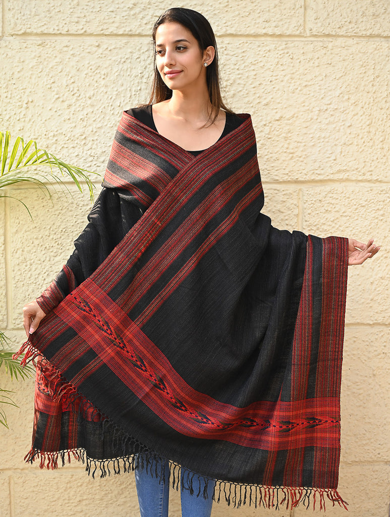Exclusive Soft Himachal Wool Shawl with Woven Border - Graphite Glen