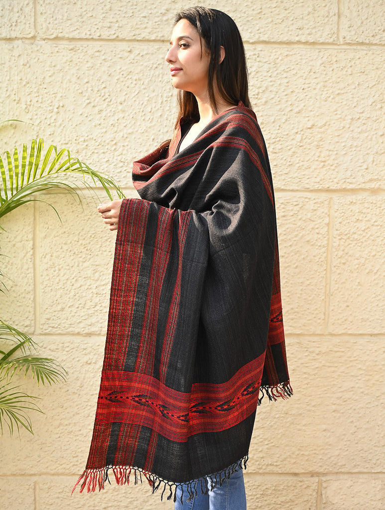 Exclusive Soft Himachal Wool Shawl with Woven Border - Graphite Glen