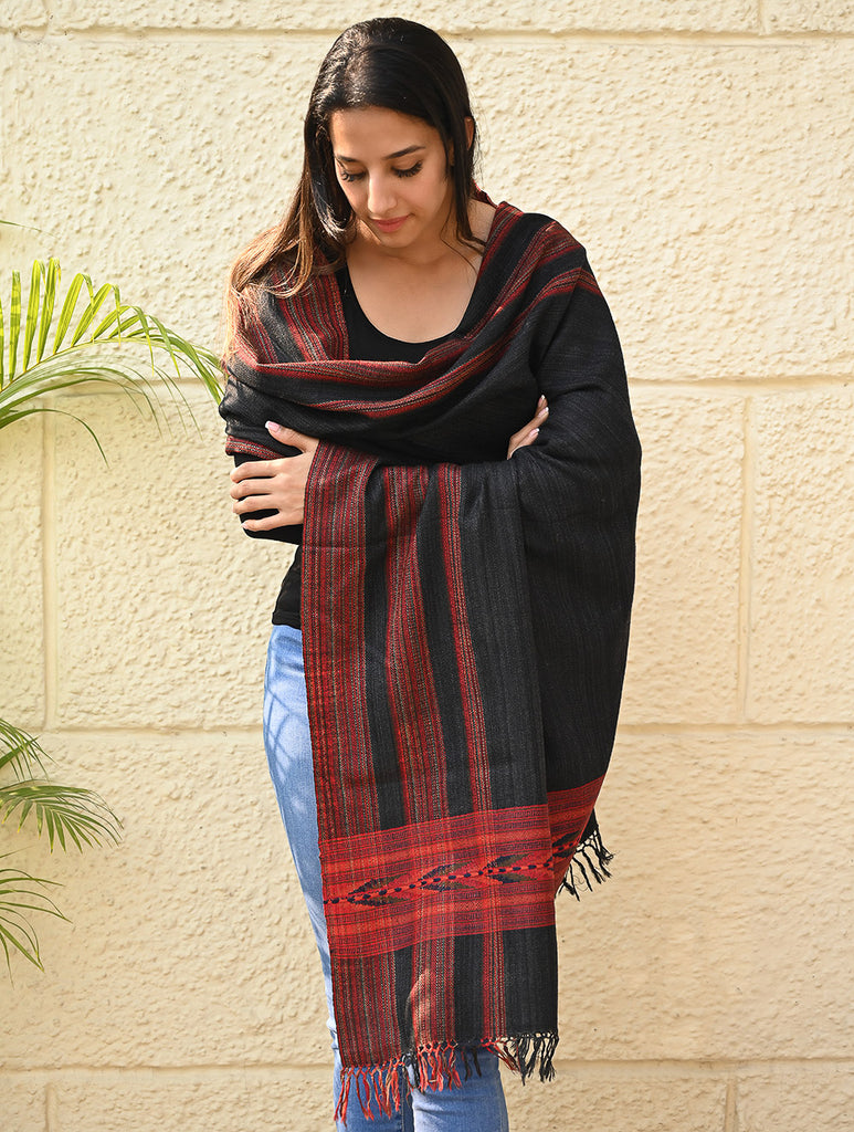 Exclusive Soft Himachal Wool Shawl with Woven Border - Graphite Glen