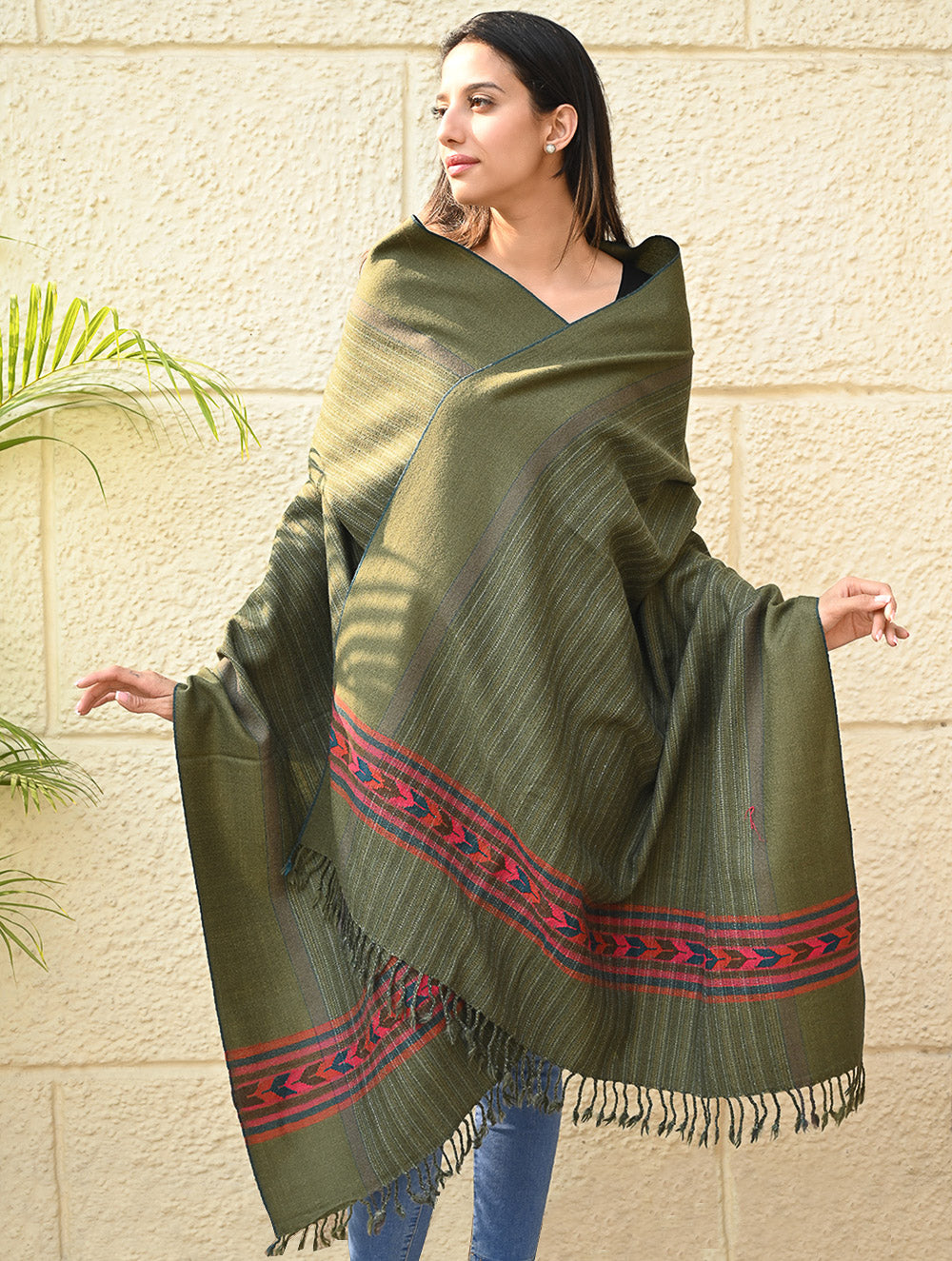 Load image into Gallery viewer, Exclusive Soft Himachal Wool Shawl with Woven Border - Henna Trail