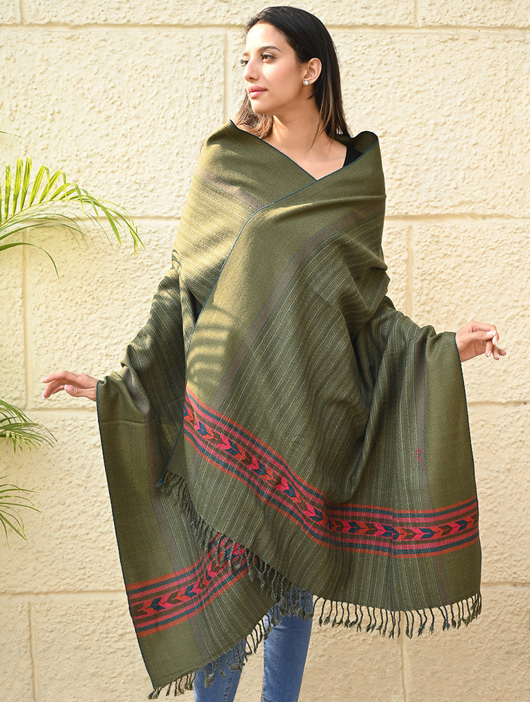 Exclusive Soft Himachal Wool Shawl with Woven Border - Henna Trail