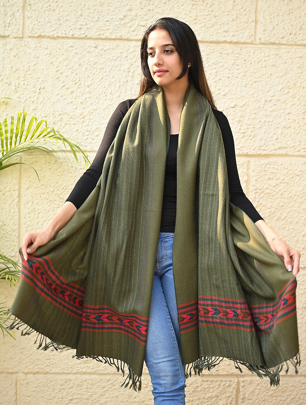 Load image into Gallery viewer, Exclusive Soft Himachal Wool Shawl with Woven Border - Henna Trail