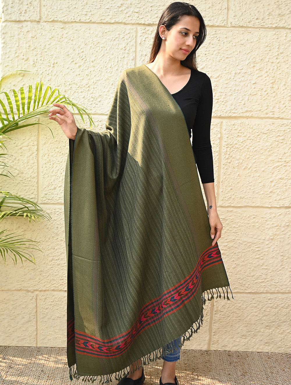 Load image into Gallery viewer, Exclusive Soft Himachal Wool Shawl with Woven Border - Henna Trail
