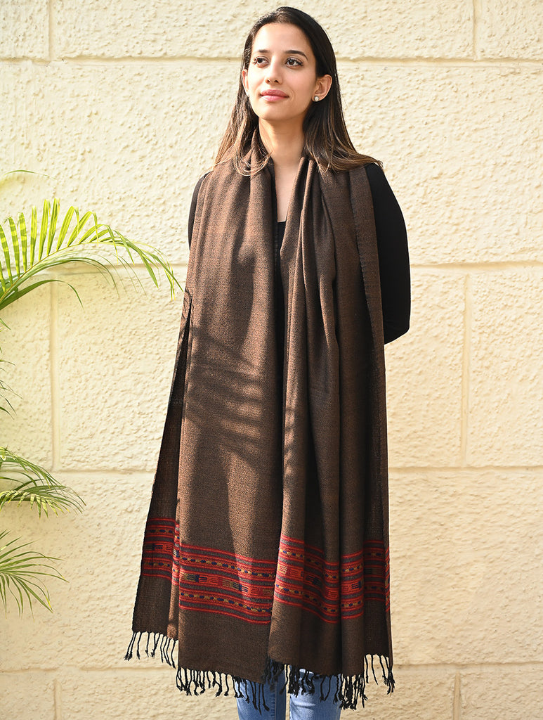 Exclusive Soft Himachal Wool Shawl with Woven Border - Melted Chocolate