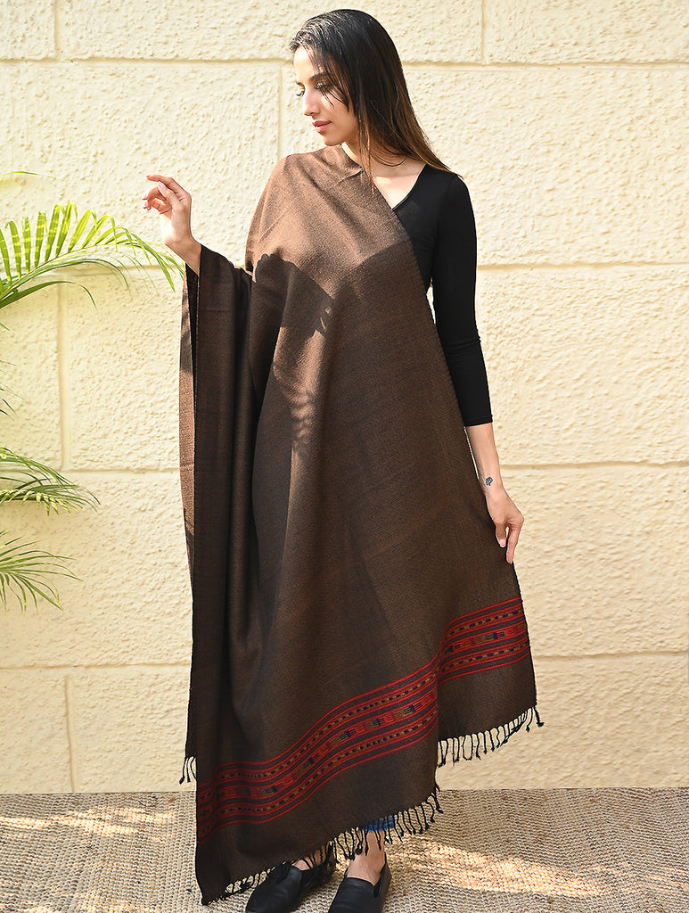 Exclusive Soft Himachal Wool Shawl with Woven Border - Melted Chocolate