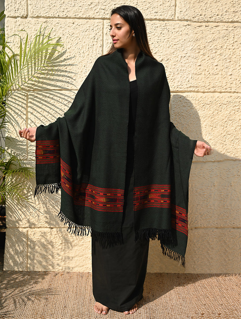 Exclusive Soft Himachal Wool Shawl with Woven Border - Midnight Emerald