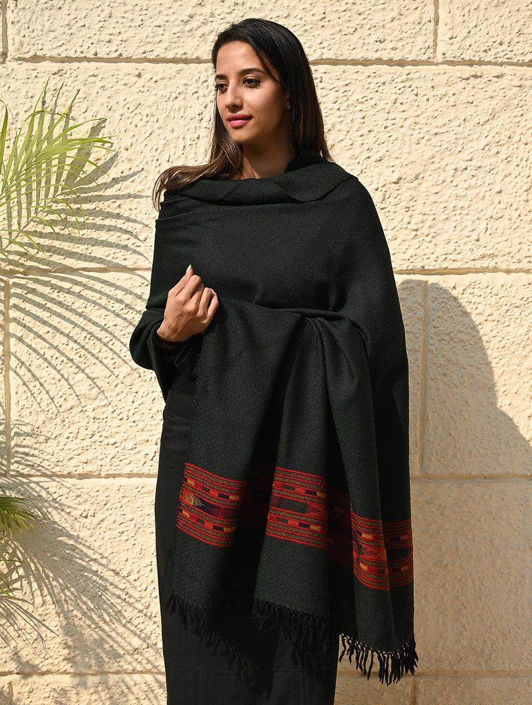 Exclusive Soft Himachal Wool Shawl with Woven Border - Midnight Emerald