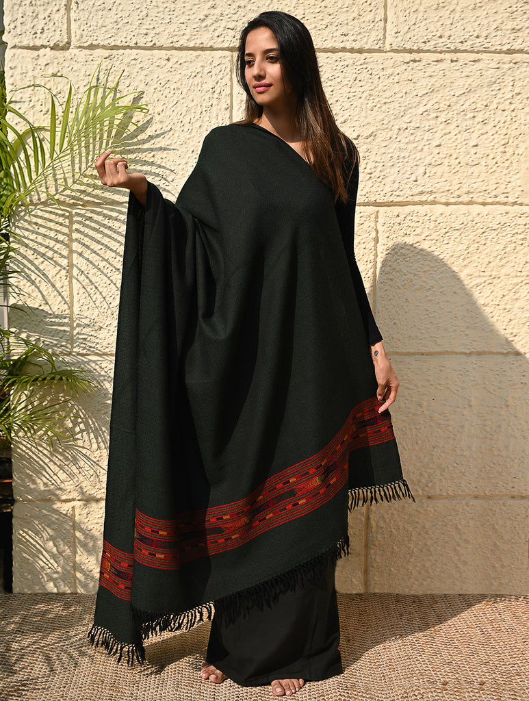 Exclusive Soft Himachal Wool Shawl with Woven Border - Midnight Emerald