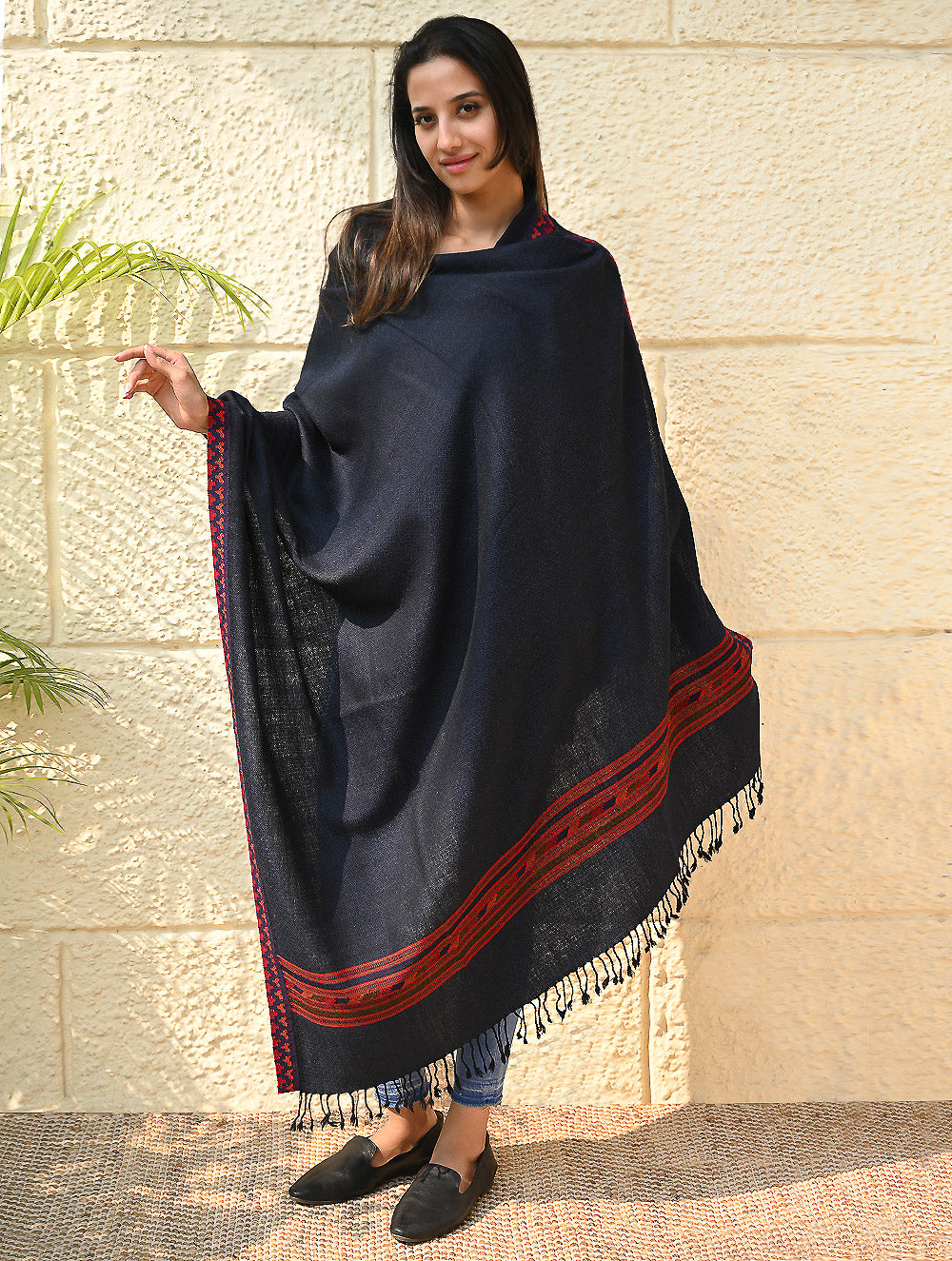 Load image into Gallery viewer, Exclusive Soft Himachal Wool Shawl with Woven Border - Midnight Ocean