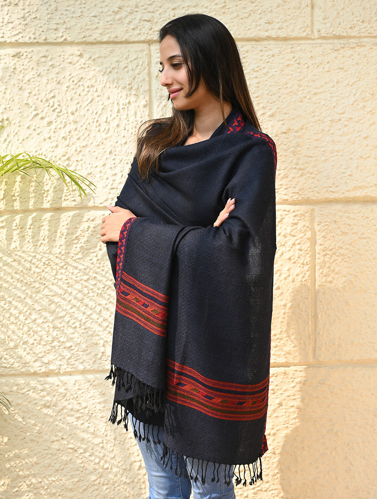 Exclusive Soft Himachal Wool Shawl with Woven Border - Midnight Ocean