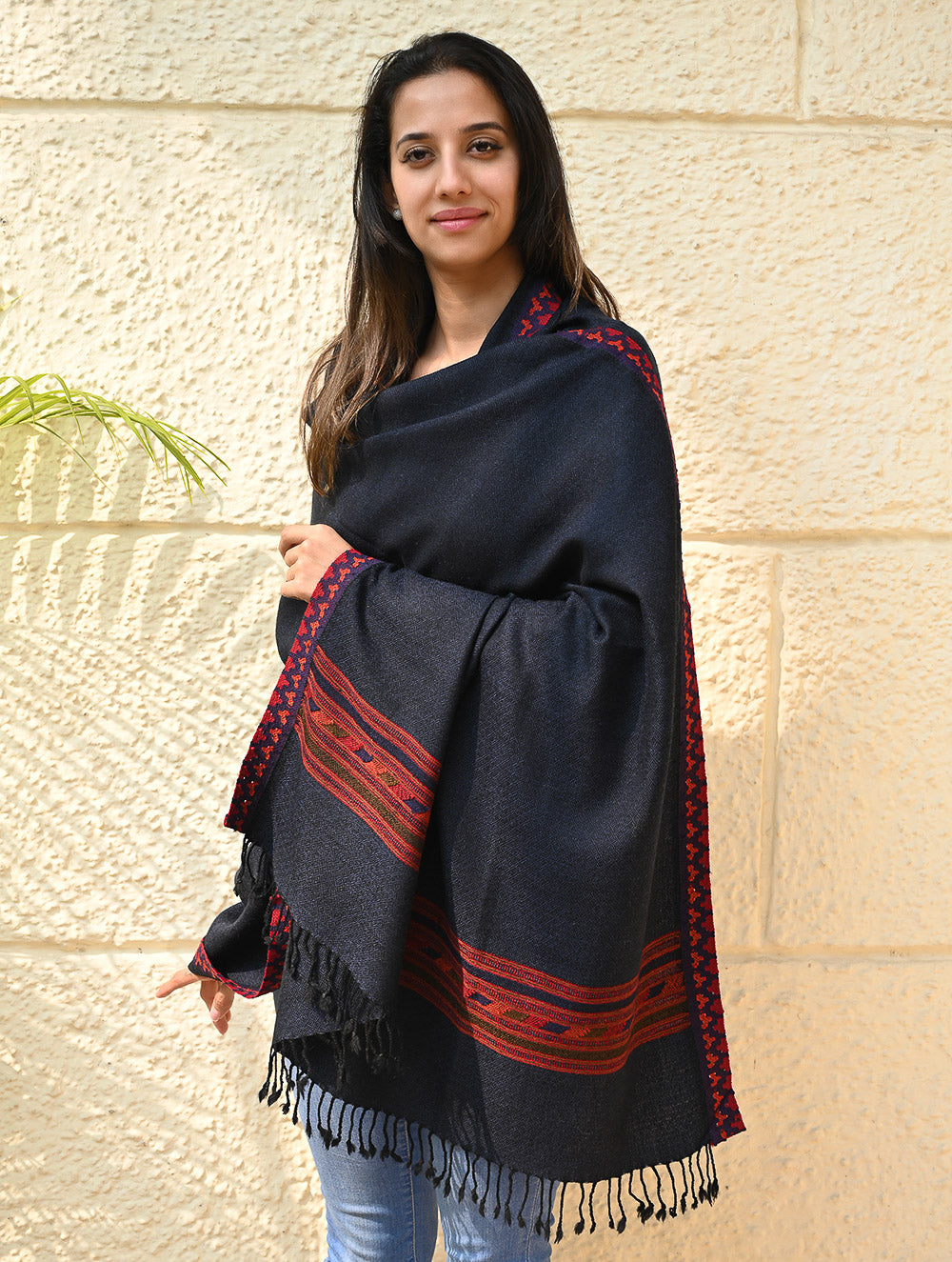 Load image into Gallery viewer, Exclusive Soft Himachal Wool Shawl with Woven Border - Midnight Ocean