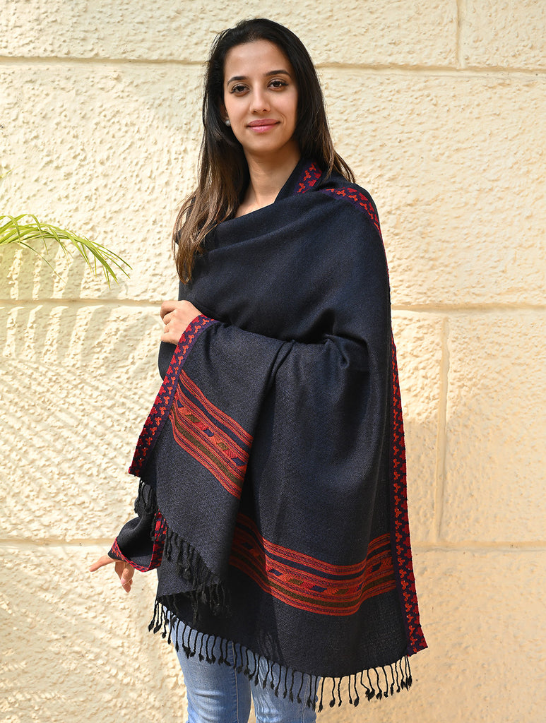 Exclusive Soft Himachal Wool Shawl with Woven Border - Midnight Ocean