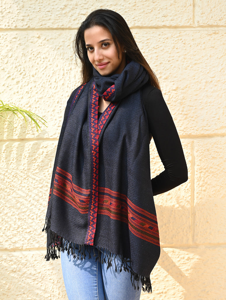 Exclusive Soft Himachal Wool Shawl with Woven Border - Midnight Ocean