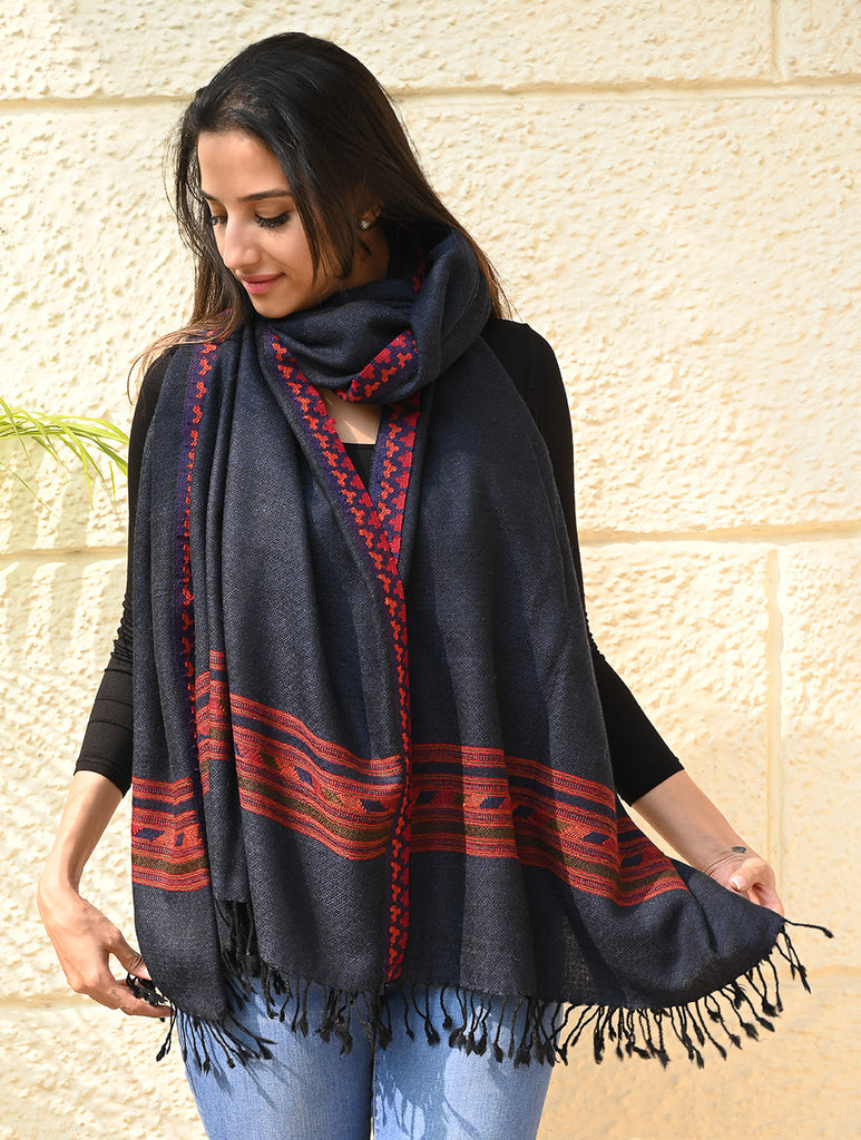 Exclusive Soft Himachal Wool Shawl with Woven Border - Midnight Ocean