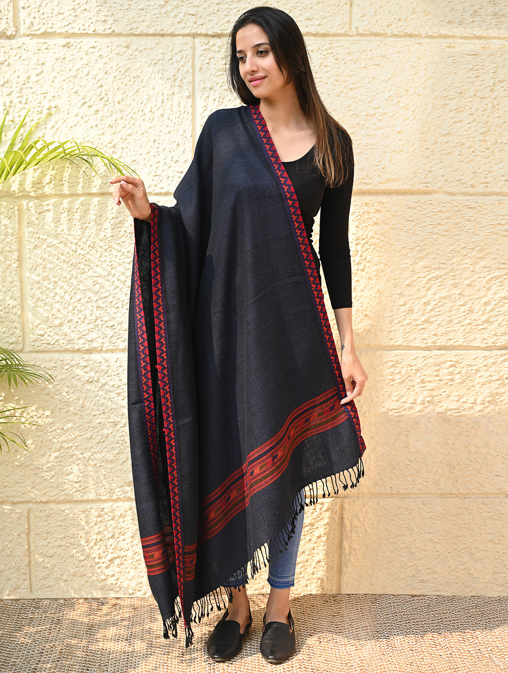 Load image into Gallery viewer, Exclusive Soft Himachal Wool Shawl with Woven Border - Midnight Ocean