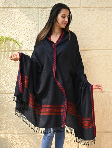 Exclusive Soft Himachal Wool Shawl with Woven Border - Midnight Ocean