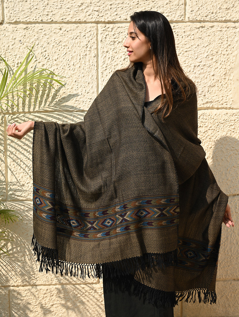 Load image into Gallery viewer, Exclusive Soft Himachal Wool Shawl with Woven Border - Midnight Pine